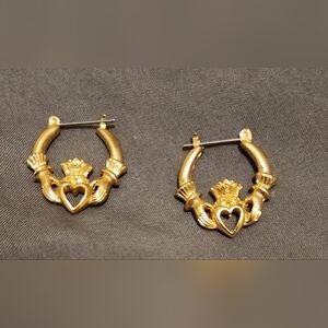Claddagh Earrings Hoops Gold Tone Hands Heart and Crown Design for Pierced Ears